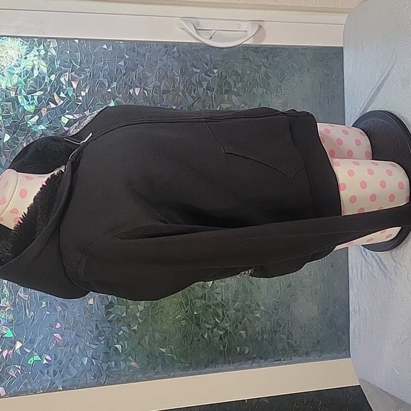 Y2K Vintage VS Pink Black Fur Lined Silver Sequin Mega Bling Hoodie Jacket SZ:L - Picture 4 of 12